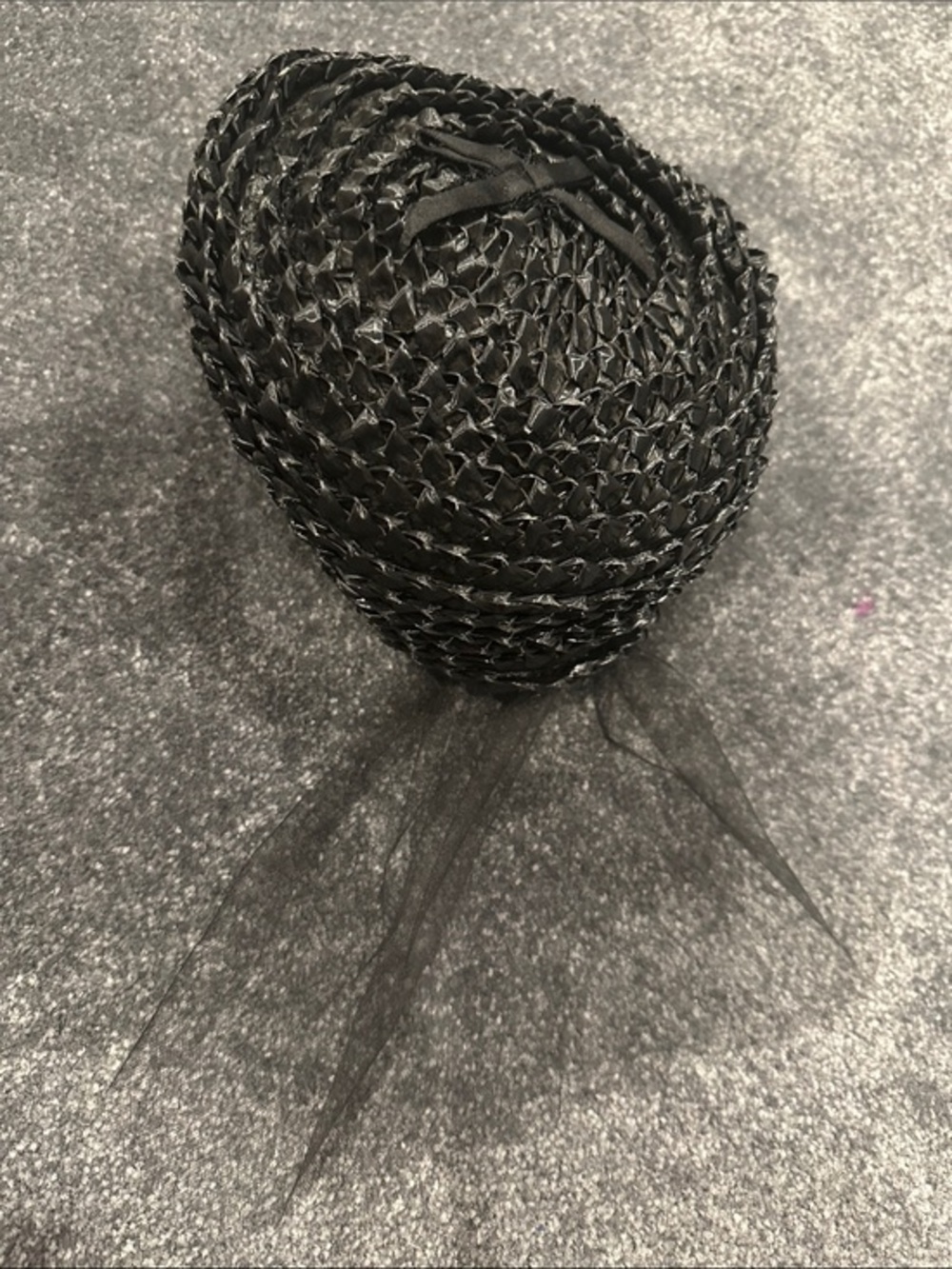 Vintage Black Wicker Weave Woman's Hat with mesh cover pill box hat made in USA